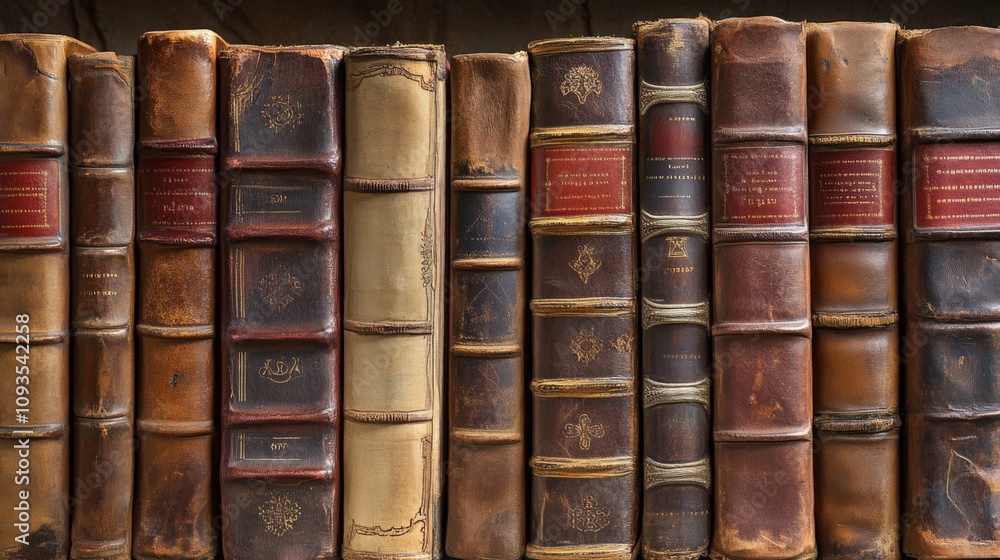 Antique Leather-Bound Books on a Wooden Shelf Antique Leather-Bound Books on a Wooden Shelf
