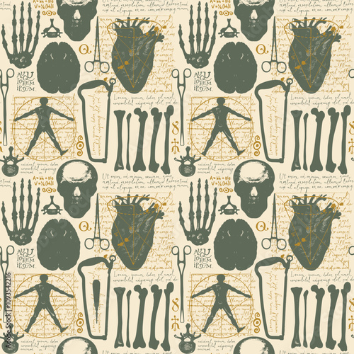 Anatomy seamless pattern with hand-drawn human skulls, bones, organs and surgical instruments on a backdrop of handwritten text lorem ipsum. Vintage vector background with sketches on a medical theme