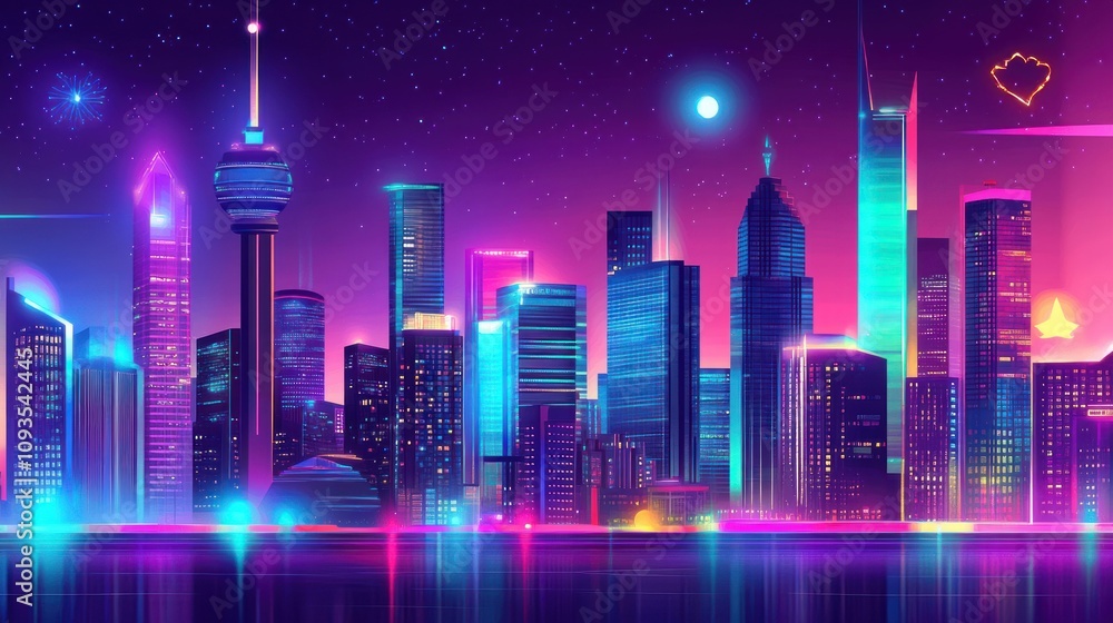Neon Cityscape At Night Under A Starry Sky Neon Cityscape At Night Under A Starry Sky