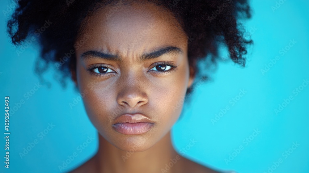 A close-up shot of a woman's face against a bright blue background A close-up shot of a woman's face against a bright blue background