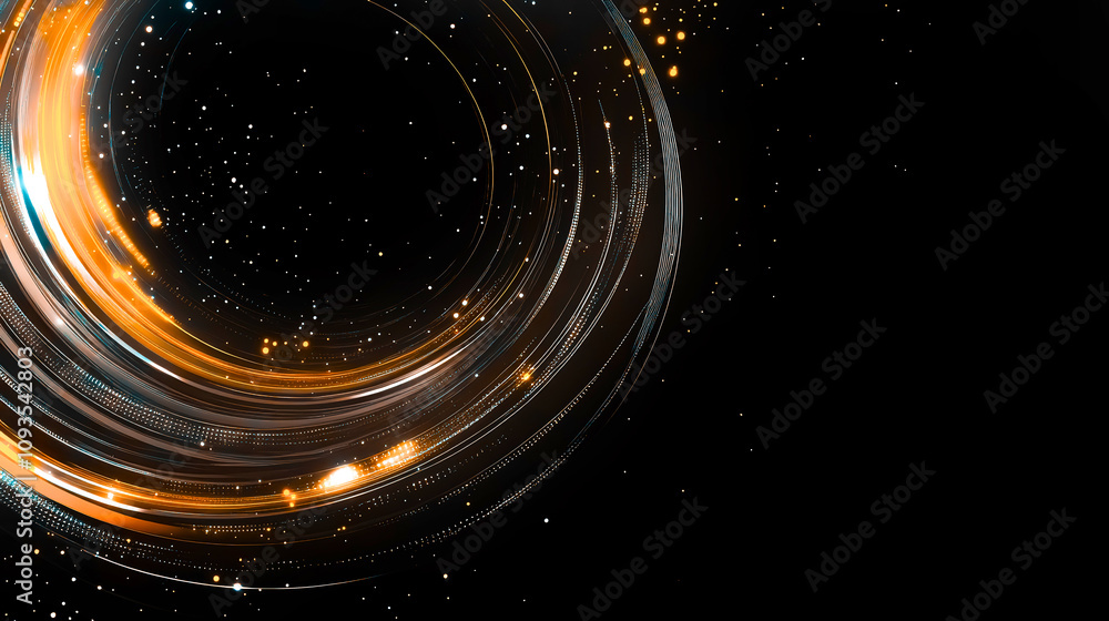 Obraz premium Airy digital neon orange and brown tech swirl on black background with copy space. Science, futuristic digital technologies concept.