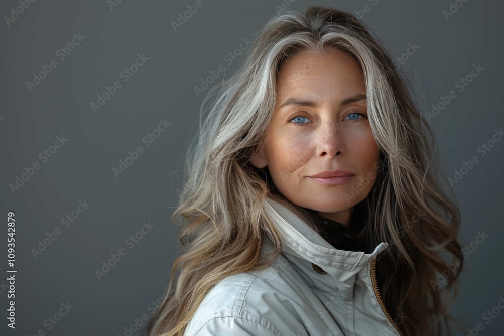 Fototapeta premium Mature Woman in White Jacket Posing Confidently on Gray Background