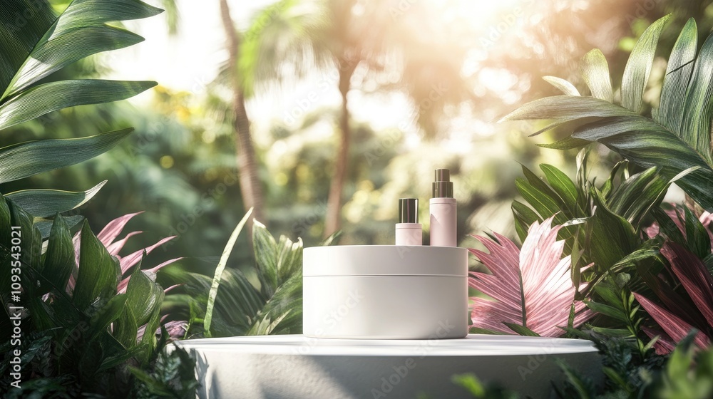 Skincare products displayed on a white round table in a lush tropical garden setting, sunlight shining through leaves. Skincare products displayed on a white round table in a lush tropical garden setting, sunlight shining through leaves.