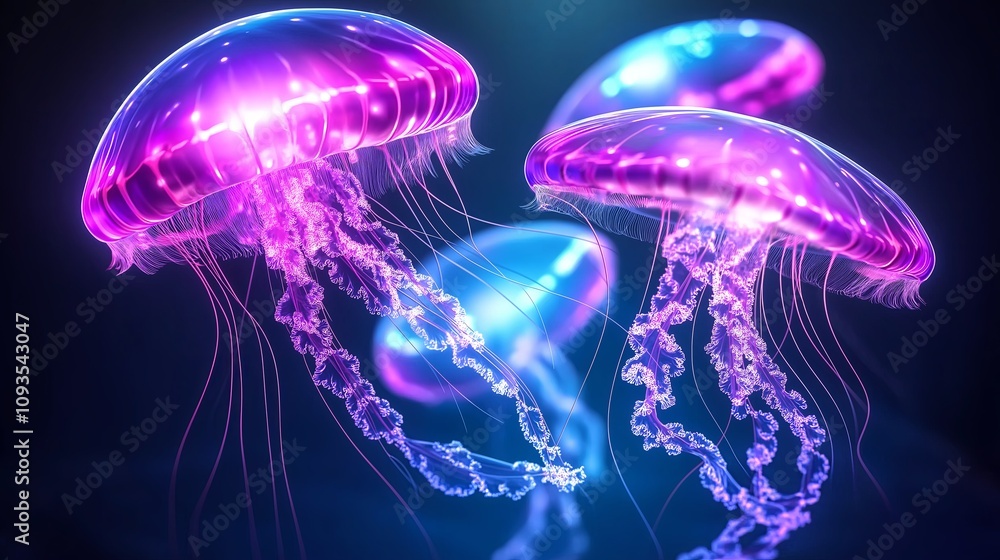 Vivid Jellyfish Gliding Through Deep Ocean Water Vivid Jellyfish Gliding Through Deep Ocean Water
