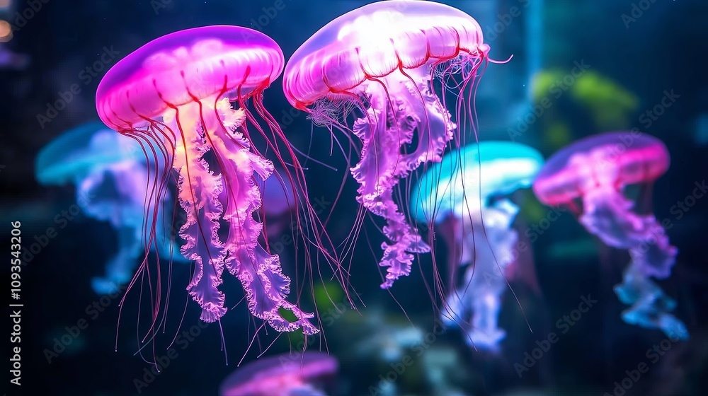 Vivid Jellyfish Gliding Through Deep Ocean Water Vivid Jellyfish Gliding Through Deep Ocean Water