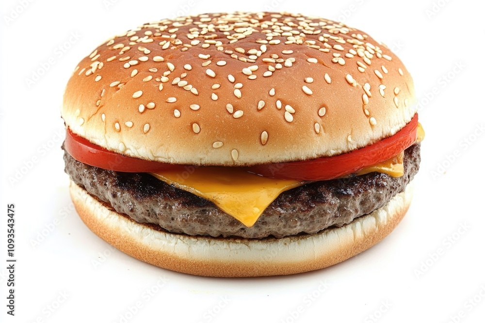 A juicy hamburger topped with melted cheese, fresh tomato, and served on a soft bun A juicy hamburger topped with melted cheese, fresh tomato, and served on a soft bun