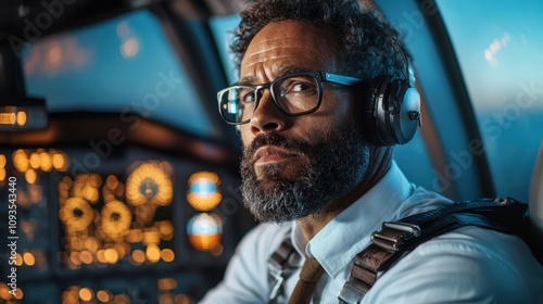 A focused pilot wearing glasses and headphones operating an aircraft in a dimly lit cockpit, showcasing the intensity and skill required to command a flight.