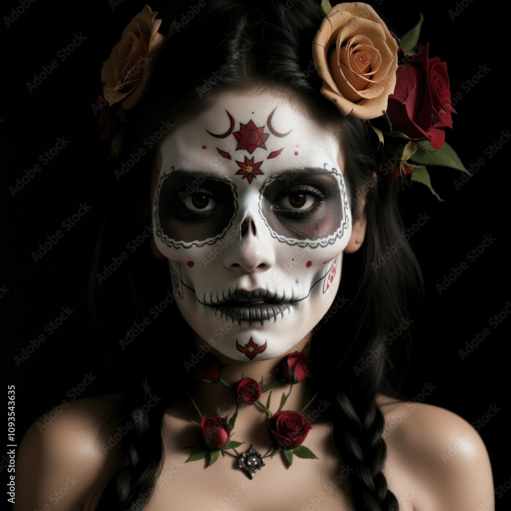 A Stunning Portrait of a Woman with Calavera Catrina Makeup, Adorned with Roses and a Necklace, Against a Black Background: A Day of the Dead Inspired Image A Stunning Portrait of a Woman with Calavera Catrina Makeup, Adorned with Roses and a Necklace, Against a Black Background: A Day of the Dead Inspired Image
