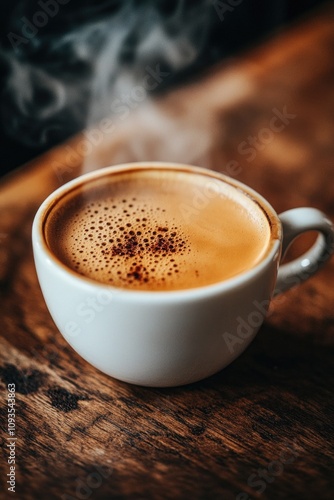 A shot of a cup of coffee on a table, perfect for editorial use