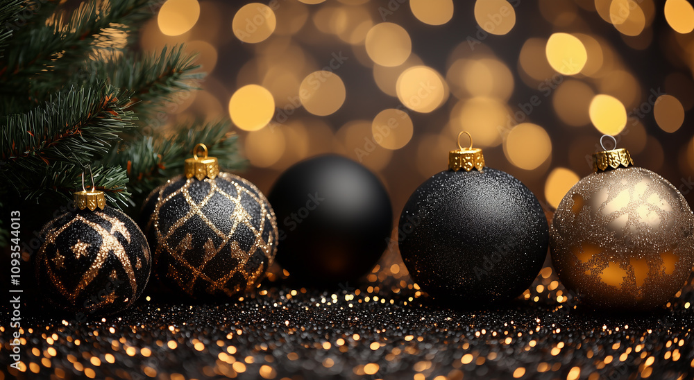 Elegant Black and Gold Christmas Ornaments on Glitter Background with Festive Lights Elegant Black and Gold Christmas Ornaments on Glitter Background with Festive Lights