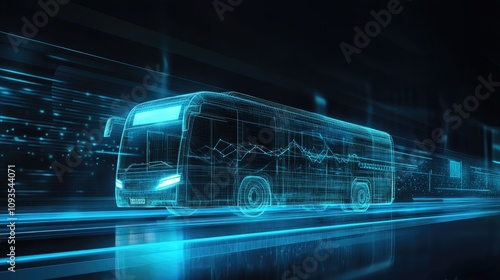 Futuristic electric bus speeding on digital highway.