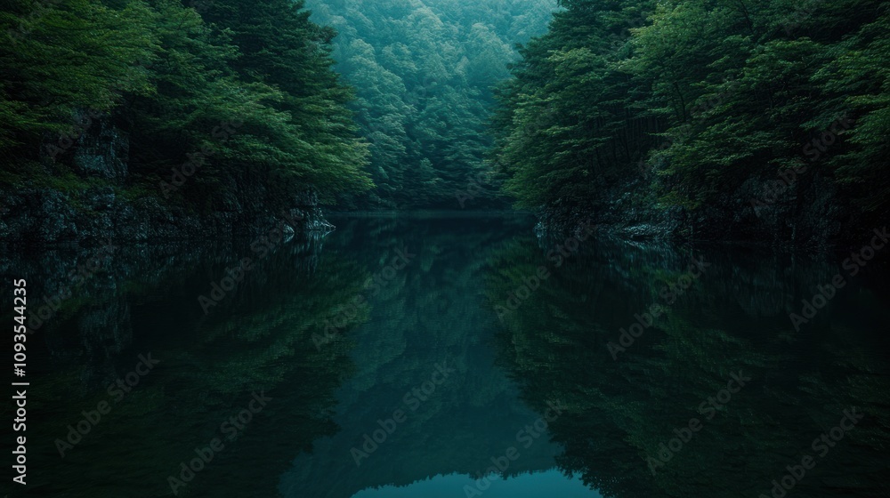 Serene Forest Lake Reflecting Lush Green Trees Serene Forest Lake Reflecting Lush Green Trees