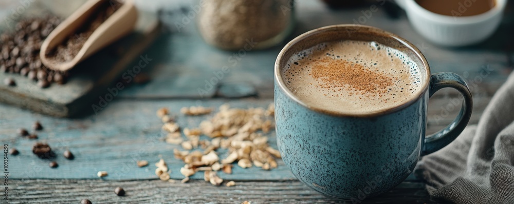 Blue ceramic mug filled with frothy coffee topped with cinnamon surrounded by oats and coffee beans on a rustic wooden surface. Blue ceramic mug filled with frothy coffee topped with cinnamon surrounded by oats and coffee beans on a rustic wooden surface.
