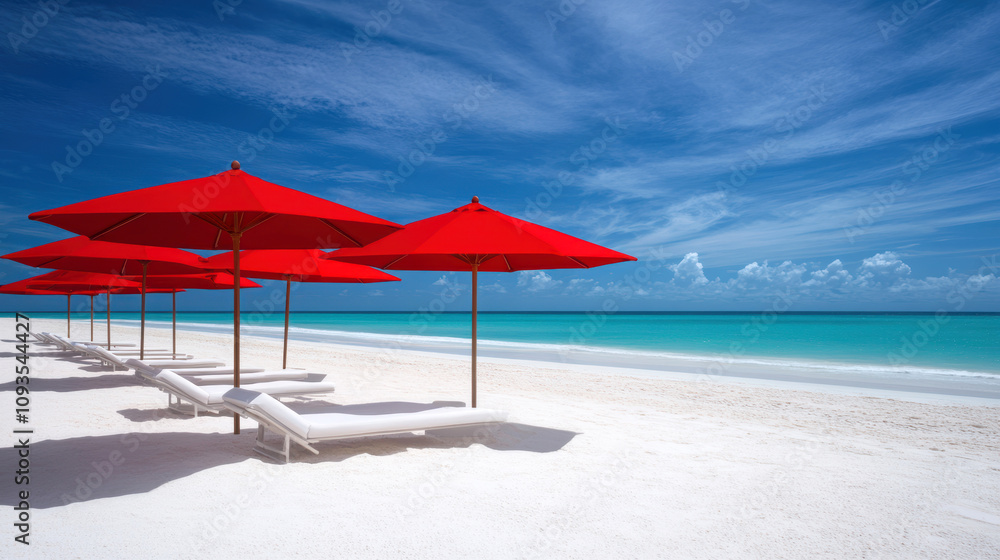 Tropical paradise beach with red umbrellas and pristine white sand under clear blue skies Tropical paradise beach with red umbrellas and pristine white sand under clear blue skies