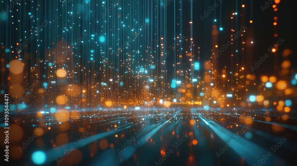 Fototapeta premium Abstract digital data stream, glowing particles and lines.