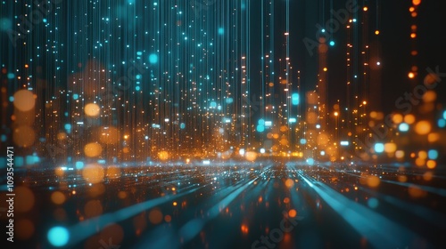 Abstract digital data stream, glowing particles and lines.