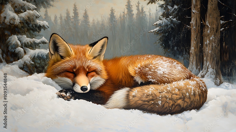 Obraz premium A red fox curled up in a bed of snow its fluffy tail wrapped around its body with a serene winter forest in the background
