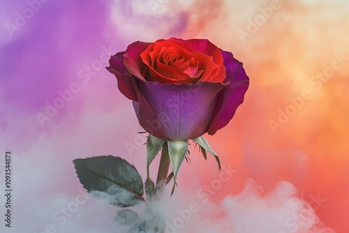 A single red rose emerges from a cloud of smoke, perfect for use in abstract or mystical settings photo