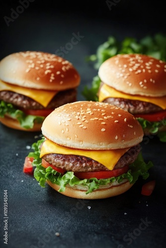 Three juicy hamburgers with melted cheese, crispy lettuce leaves on a dark background