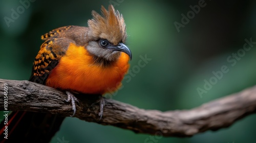 A colorful bird with striking orange plumage sits gracefully on a textured branch, set against a natural green blurred background, conveying serene beauty.