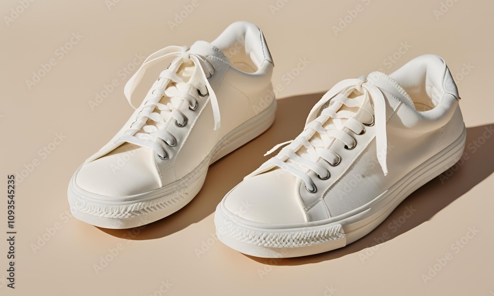 Pair of White Sneakers neatly positioned on a light background Pair of White Sneakers neatly positioned on a light background