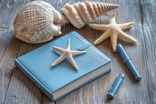 A blue book with a starfish sitting on top, great for book club or beach themed designs photo