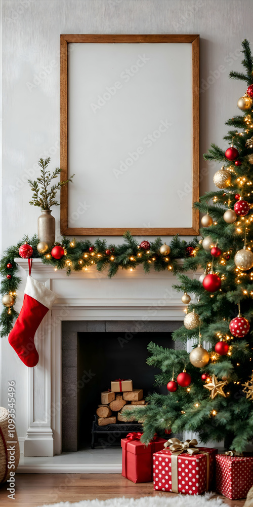Christmas Elegance Living Room with Poster Frame Above Fireplace Christmas Elegance Living Room with Poster Frame Above Fireplace