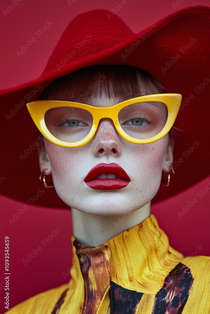 A woman dressed in vibrant fashion with striking yellow glasses, a red hat, and bold red lips, showcasing her distinctive sense of style and confidence. A woman dressed in vibrant fashion with striking yellow glasses, a red hat, and bold red lips, showcasing her distinctive sense of style and confidence.