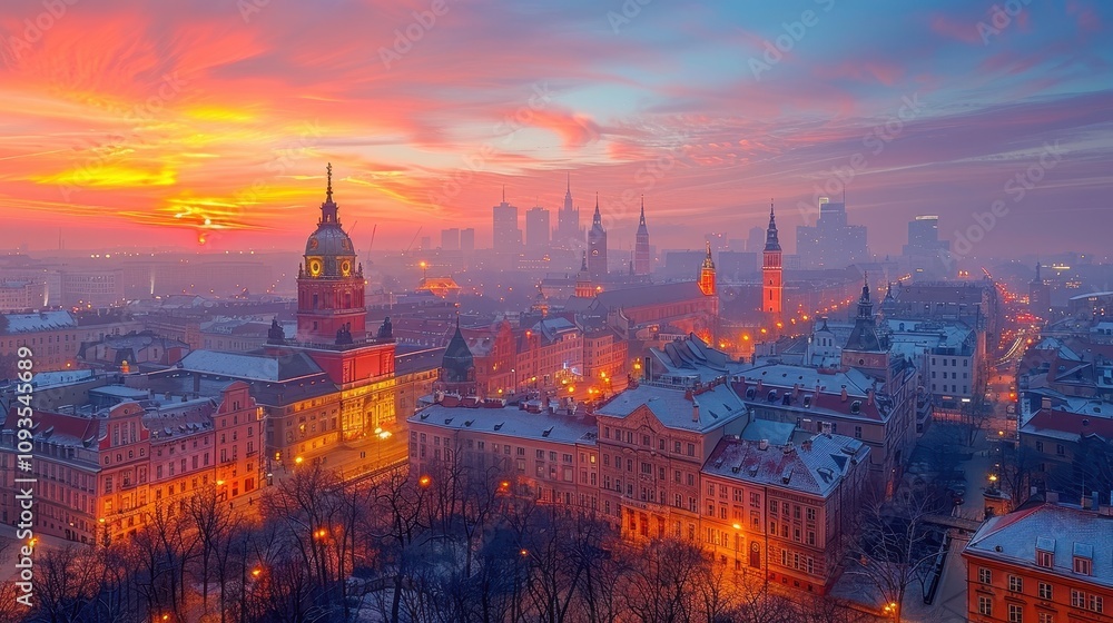 Naklejka premium Majestic sunrise over the historic city skyline with vibrant hues illuminating the horizon. Generative AI