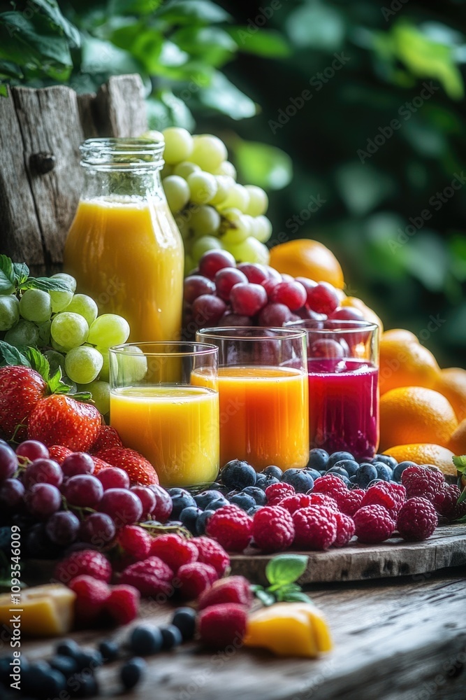 Fresh fruit and juice on a wooden table, perfect for a breakfast or snack Fresh fruit and juice on a wooden table, perfect for a breakfast or snack