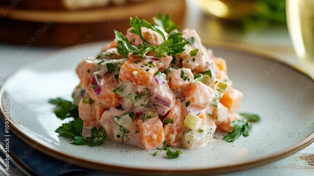 Delicious Creamy Vegetable Salad with Fresh Herbs and Bright Colors Delicious Creamy Vegetable Salad with Fresh Herbs and Bright Colors