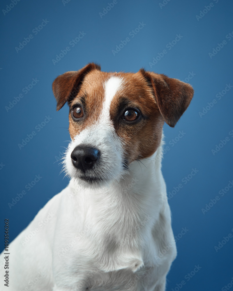 A portrait of a Jack Russell Terrier against a blue background. The dog curious expression and alert ears are captured in sharp focus. A portrait of a Jack Russell Terrier against a blue background. The dog curious expression and alert ears are captured in sharp focus.