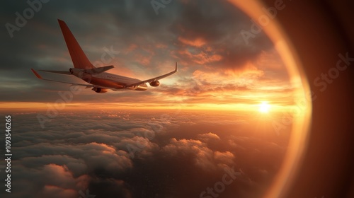 An airplane gracefully flies above the dreamy clouds, embraced by the warm hues of a stunning sunset, providing a sense of freedom and adventure high in the sky. photo