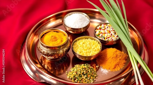 Traditional Indian Puja Thali with Ritual Items photo