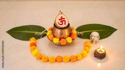 Traditional Indian Kalash with Coconut and Marigold Garland photo