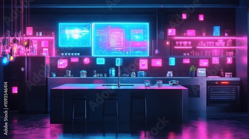 Futuristic Neon Kitchen with Smart Screens and Appliances