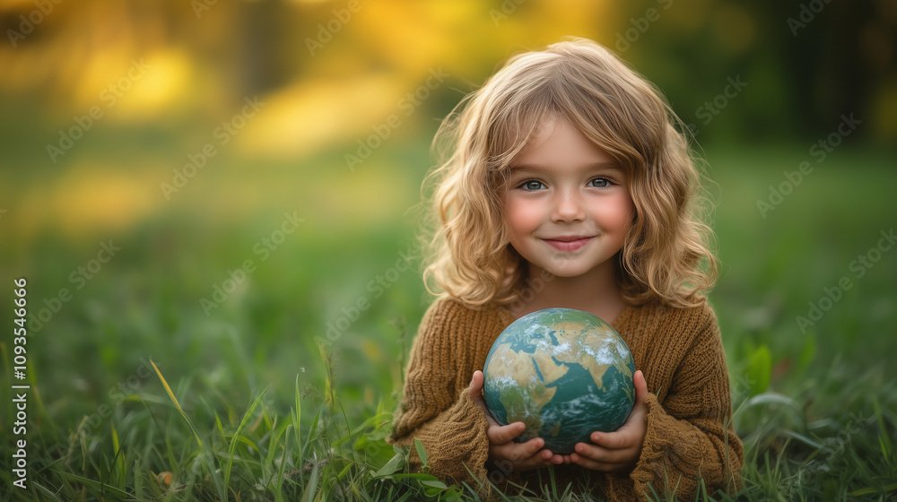 A child playing with a model of planet Earth on light green background; symbolizing environmental education, preservation and green life A child playing with a model of planet Earth on light green background; symbolizing environmental education, preservation and green life