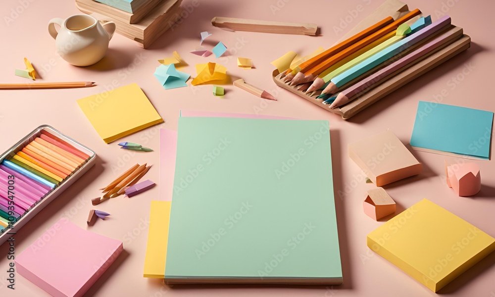 Pastel Stationery scattered with colored pencils and sticky notes on a soft pastel backdrop Pastel Stationery scattered with colored pencils and sticky notes on a soft pastel backdrop