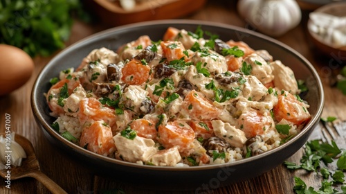 Delicious Chicken and Vegetable Rice Bowl with Fresh Herbs