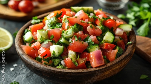 Vibrant Fresh Salsa Salad in Wooden Bowl with Ingredients