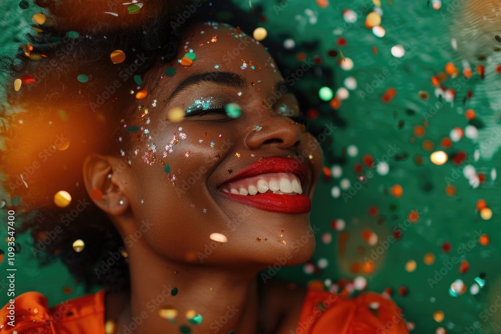A happy woman with a big smile surrounded by colorful confetti, perfect for celebrations and joyful moments A happy woman with a big smile surrounded by colorful confetti, perfect for celebrations and joyful moments