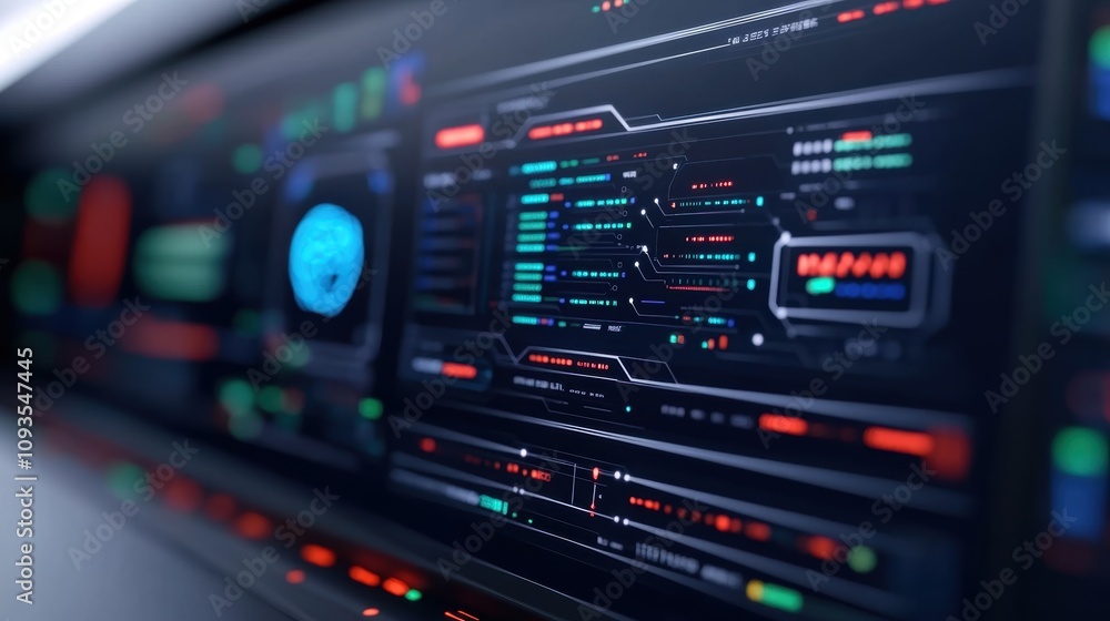 Futuristic user interface on a digital control screen with glowing data visualizations. Futuristic user interface on a digital control screen with glowing data visualizations.