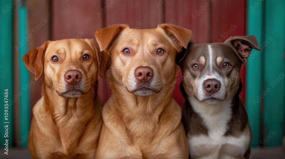A trio of attentive dogs sit close together against a wooden background, showcasing their expressive eyes and curious demeanor, embodying companionship and loyalty. A trio of attentive dogs sit close together against a wooden background, showcasing their expressive eyes and curious demeanor, embodying companionship and loyalty.