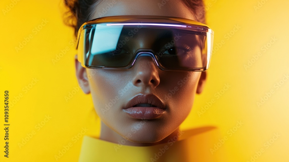 A woman wearing a bright yellow shirt and sunglasses, possibly on her way to or from somewhere A woman wearing a bright yellow shirt and sunglasses, possibly on her way to or from somewhere