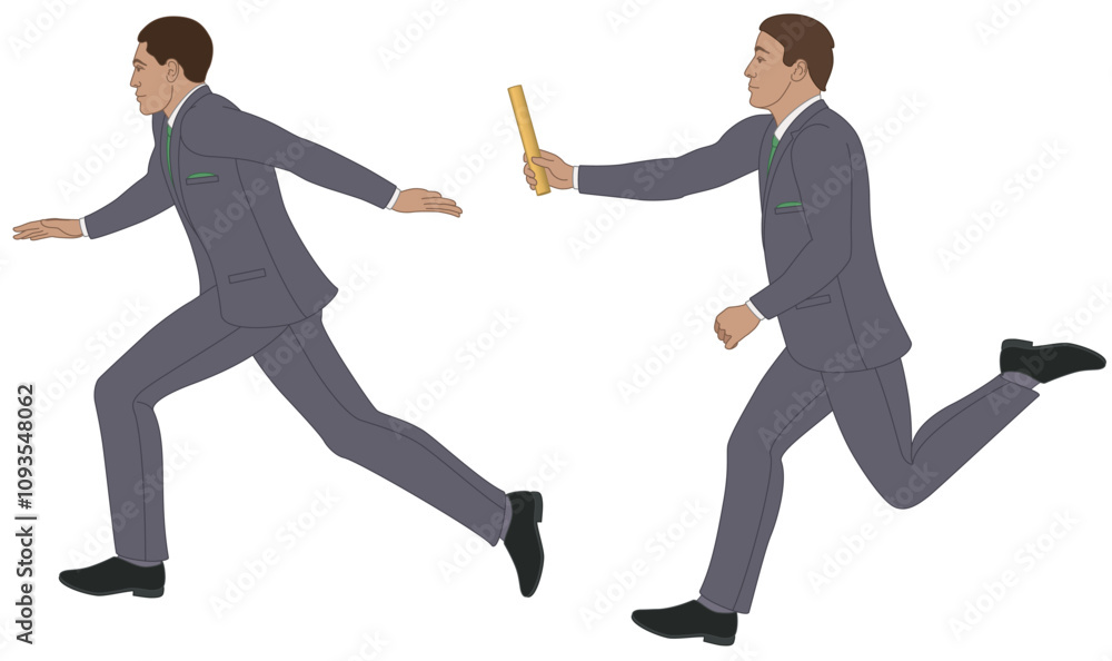 business relay race, businessman passing the baton to her colleague isolated on a white background business relay race, businessman passing the baton to her colleague isolated on a white background