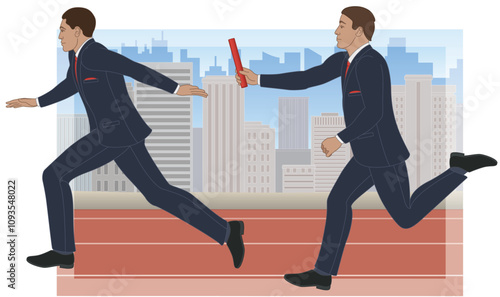 business relay race, businessman passing the baton to his colleague with office buildings in the background