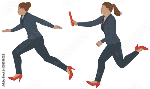 business relay race, businesswoman passing the baton to her colleague isolated on a white background