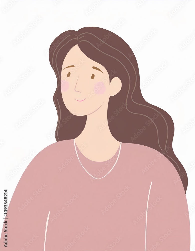 Simple vector drawing of a happy young woman with rosy cheeks, long brown hair, a pink sweater, and a necklace, exuding positivity and self assurance Simple vector drawing of a happy young woman with rosy cheeks, long brown hair, a pink sweater, and a necklace, exuding positivity and self assurance