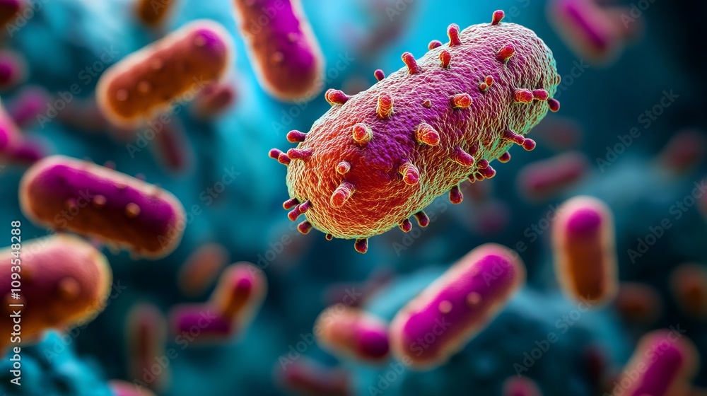 A highly detailed microscopic image of bacteria, showcasing intricate structures and vibrant coloring, capturing the microscopic world's complexity and scientific intrigue. A highly detailed microscopic image of bacteria, showcasing intricate structures and vibrant coloring, capturing the microscopic world's complexity and scientific intrigue.