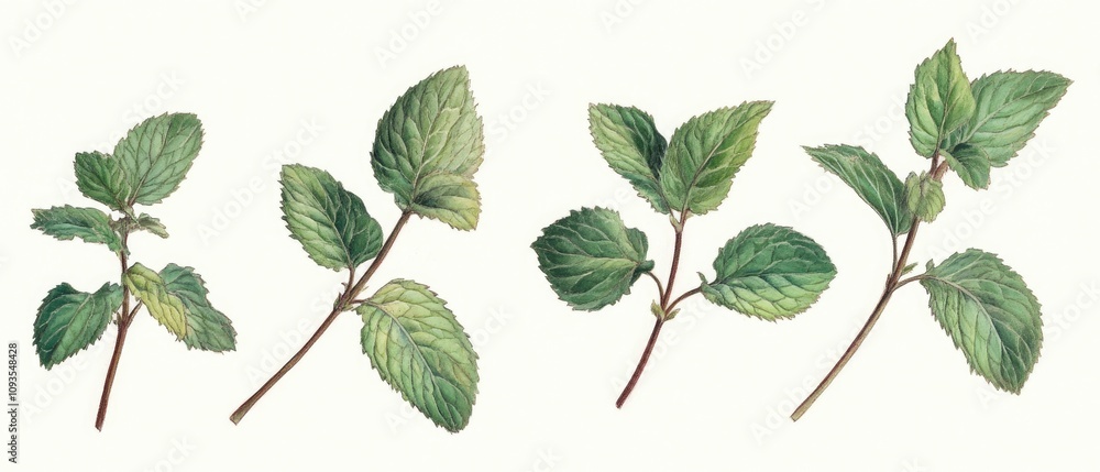 Four sprigs of fresh mint leaves isolated on white background. Four sprigs of fresh mint leaves isolated on white background.